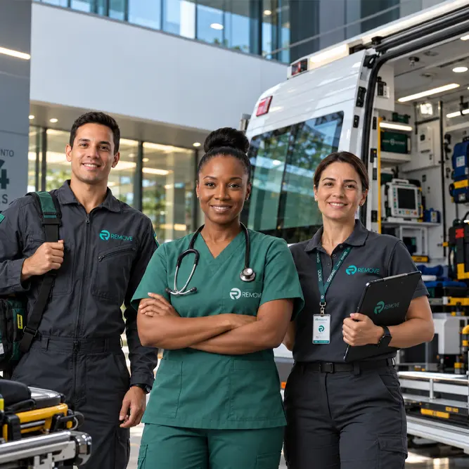 Equipe da Remove ao lado de uma ambulância equipada