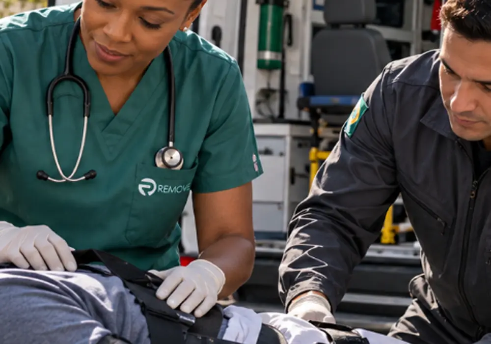 Profissionais da Remove prestando atendimento a um paciente junto à ambulância