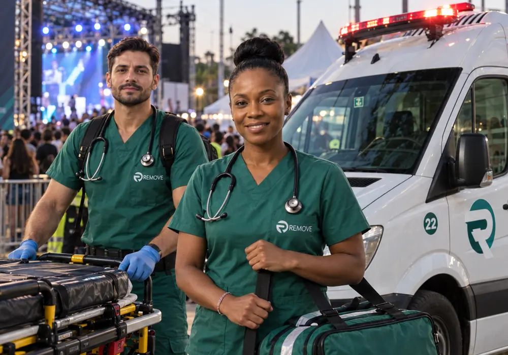 Equipe da Remove ao lado de uma ambulância em um evento