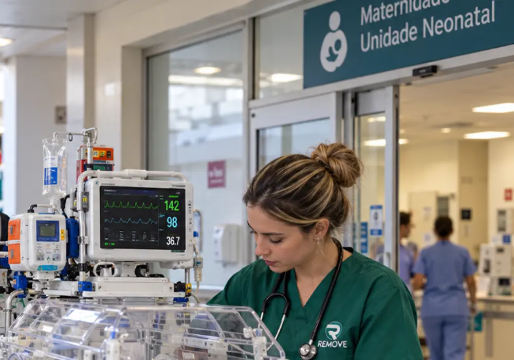 Profissional da Remove junto à incubadora e aos equipamentos de monitoramento em uma unidade neonatal